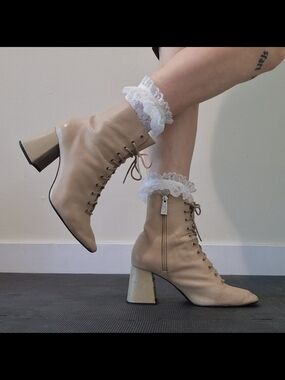 Lace-Up Ankle Boots in Beige - Women's Fashion Heels